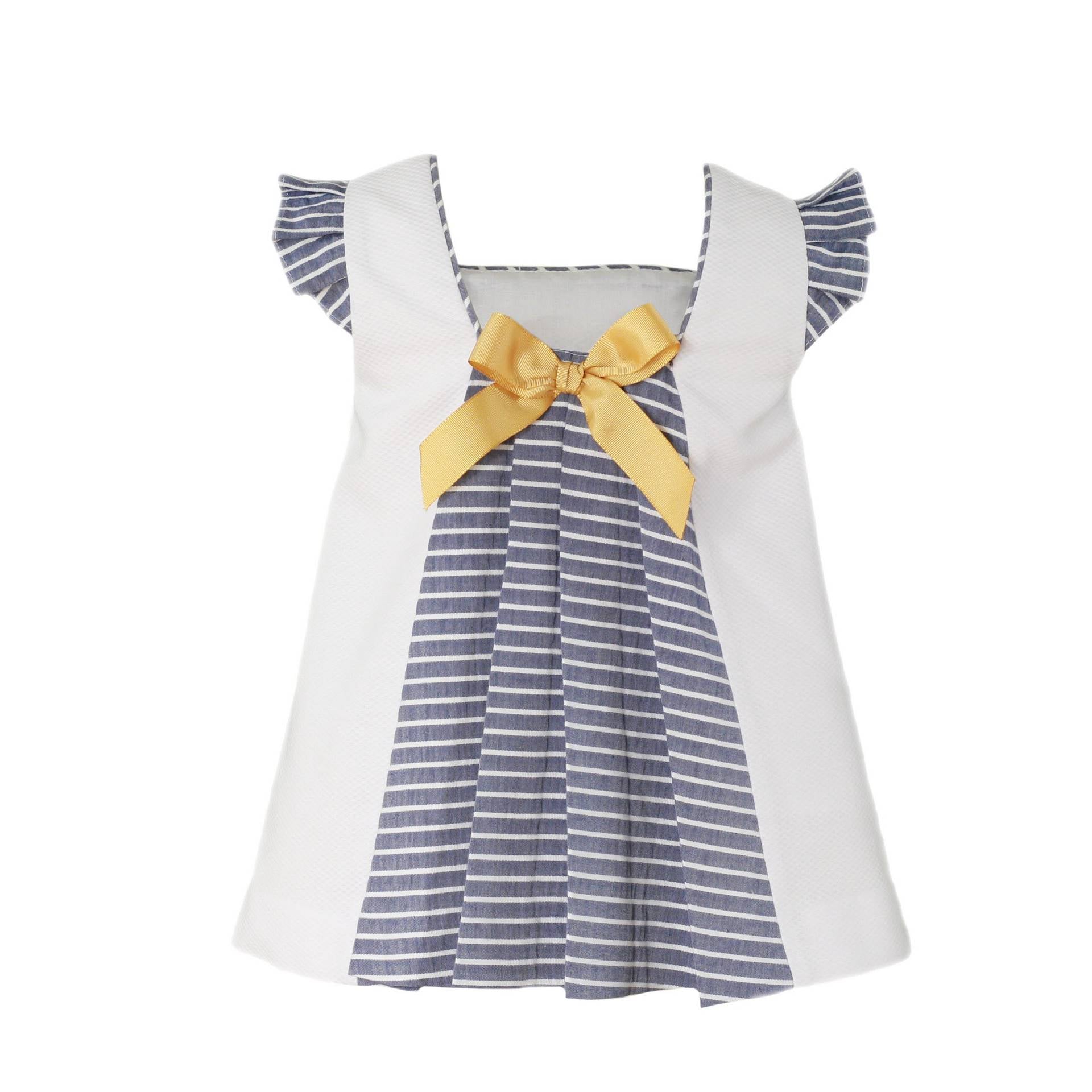 Formal White Dress with Yellow and Blue Stripes for Girls