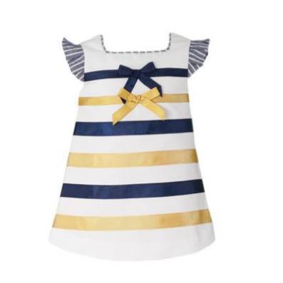 Baby Girl and Toddler Formal White Dress with Yellow and Blue Stripes